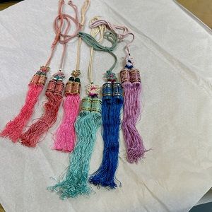 Six very old silk, Chinese tassels with Stone and silver beads